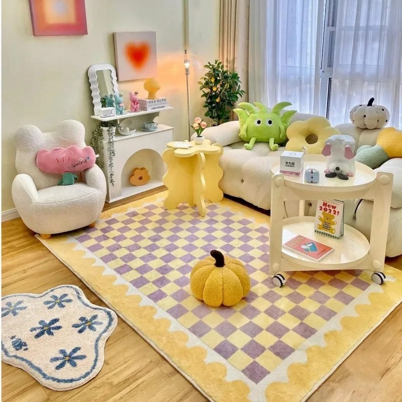 Outdoor Lighting Online - สีชมพูสีฟ้า Checkerboard พรมข้างเตียงน่ารัก Dopamine พรมห้องนอนแฟชั่น INS