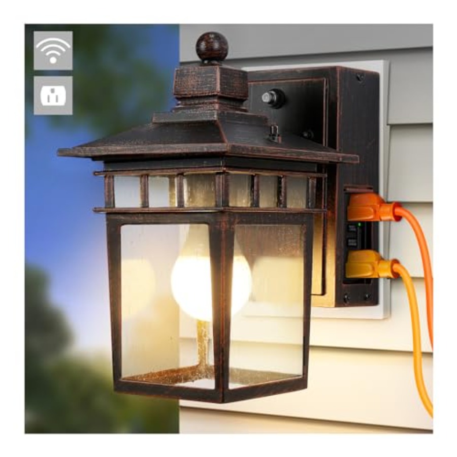 Solar Wall Sconce - ไฟส่องสว่างภายนอกพร้อมเต้ารับ GFCI, ไฟระเบียงภายนอกแบบเปิด-ปิดอัตโนมัติ, โคมไฟติดผนังภายนอกแบบกันน้ำ, โคมไฟติดผนังอะลูมิเนียม