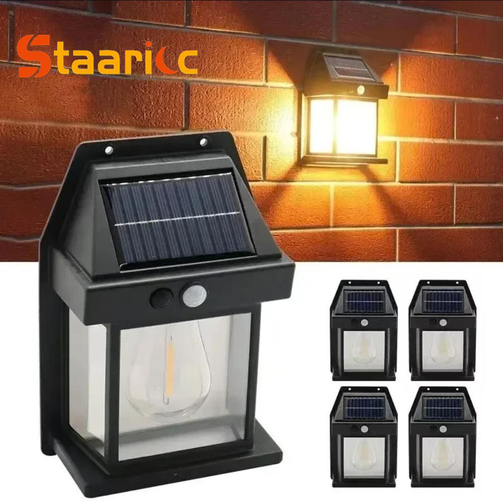 Solar Wall Sconce - ไฟติดผนังโซลาร์เซลล์แบบทังสเตนสำหรับภายนอกอาคาร พร้อมเซ็นเซอร์ตรวจจับความเคลื่อนไหว IP65 กันน้ำ ไฟ LED