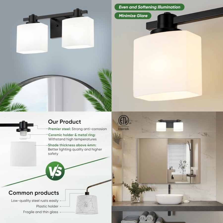 Solar Wall Sconce - โคมไฟห้องน้ำเหนือกระจก 2 ดวง โคมไฟแต่งหน้าแบบด้าน โคมไฟอาบน้ำแก้วนม โคมไฟติดผนังสไตล์ฟาร์มเฮาส์ขนาดเล็ก
