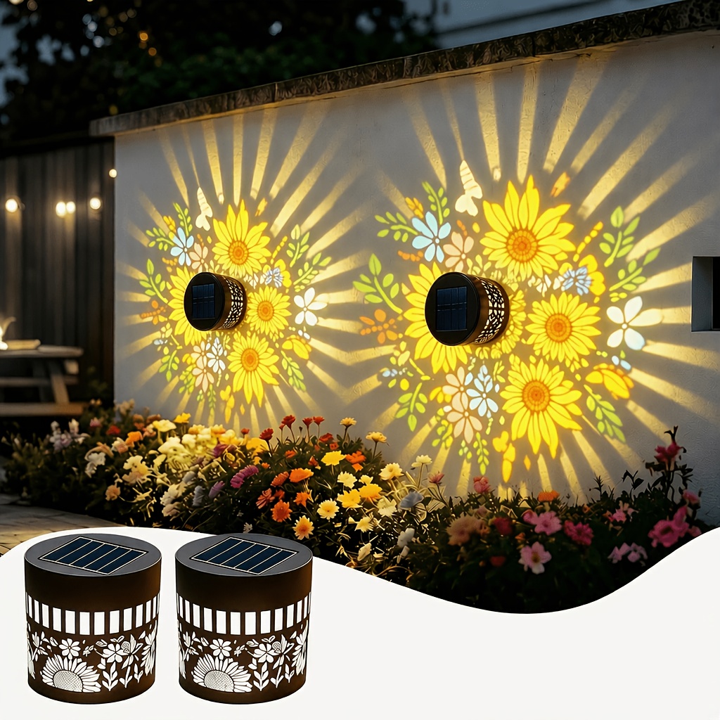 Solar Wall Sconce - ชุดไฟโซลาร์เซลล์สำหรับรั้ว 2 ชิ้น, ไฟโซลาร์เซลล์สำหรับตกแต่งพื้น/บันได/ผนังกลางแจ้ง, ไฟตกแต่งคริสต์มาส, โคมไฟรูปดอกทานตะวันทาสี,