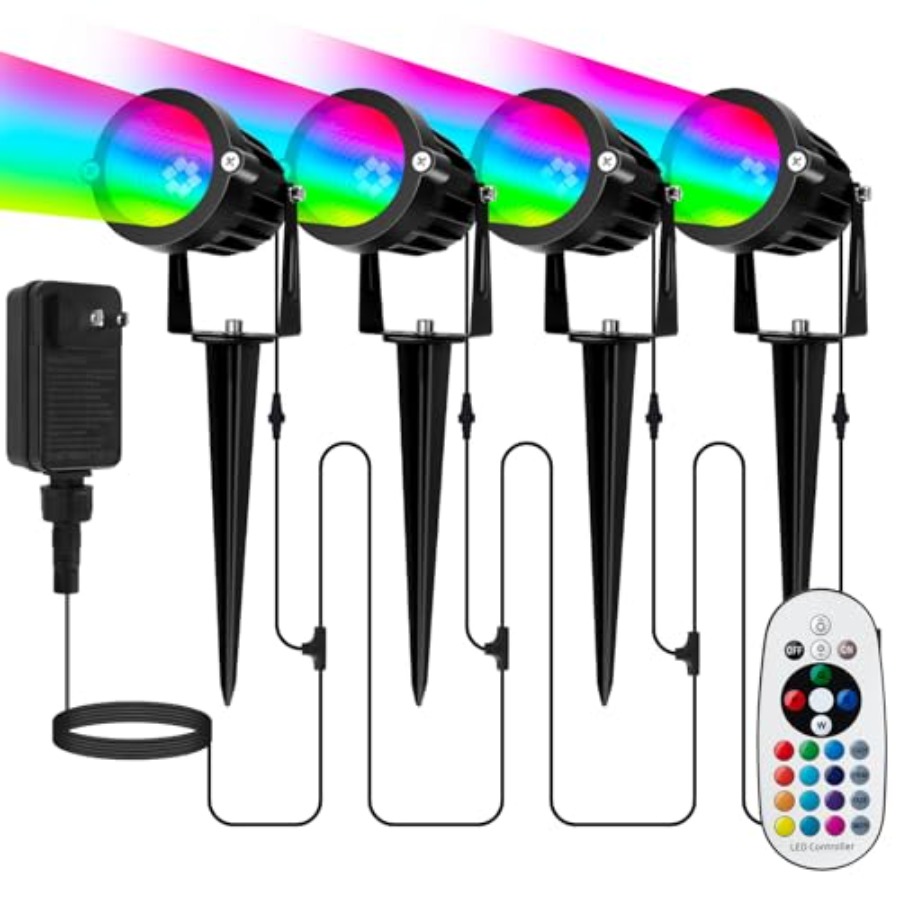 Outdoor Lighting Kits Low Voltage - ไฟสปอตไลท์กลางแจ้งสำหรับฮาโลวีนและคริสต์มาส: ชุดไฟตกแต่งภูมิทัศน์ 4-in-1 RGBW แรงดันต่ำ พร้อมหม้อแปลงแบบเสียบปลั๊ก