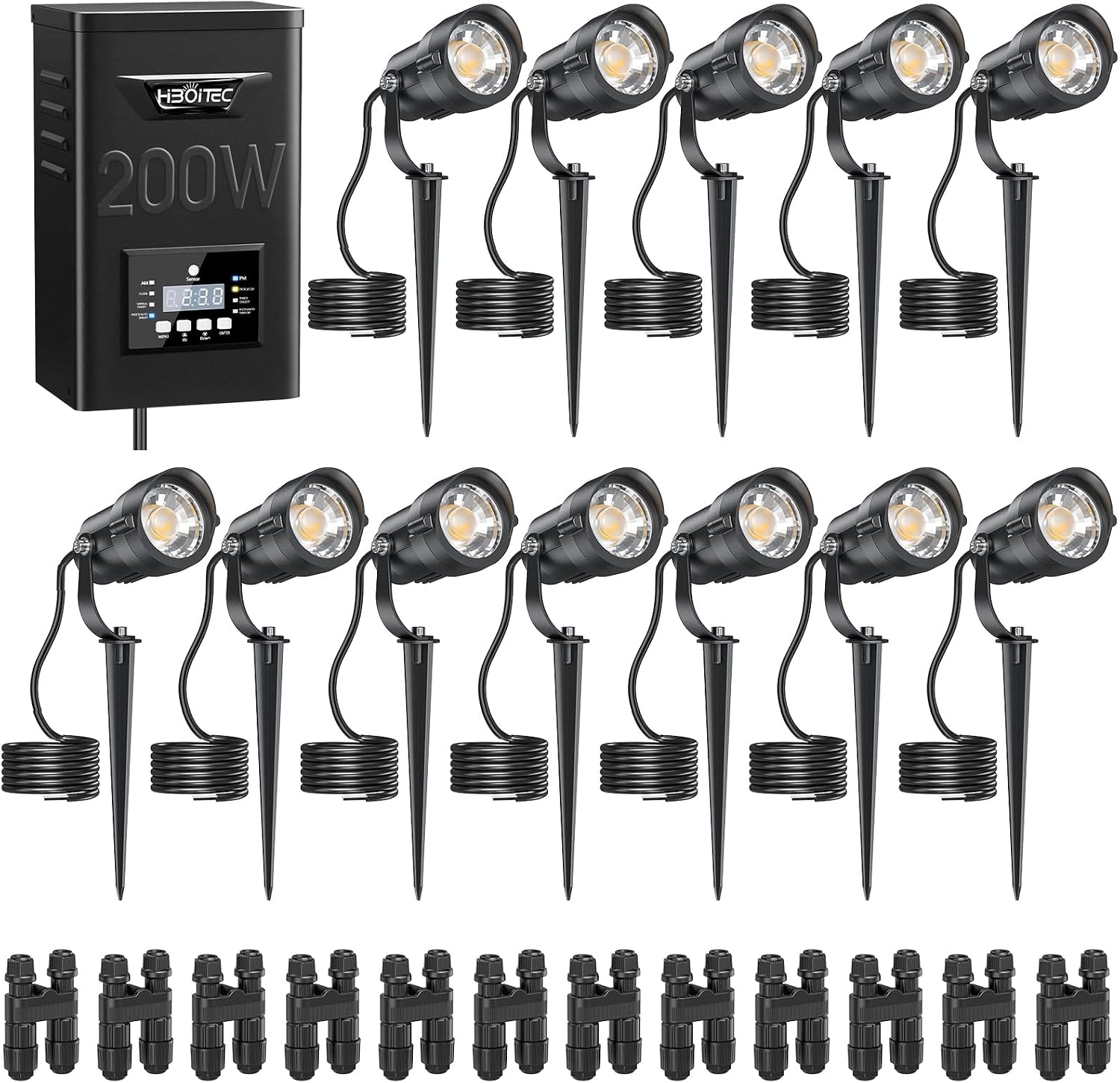 Outdoor Lighting Kits Low Voltage - ชุดไฟส่องสว่างภูมิทัศน์ 12W พร้อมหม้อแปลงแรงดันต่ำ 200W ตัวตั้งเวลาเปิด-ปิดอัตโนมัติตามแสงแดด 2900K