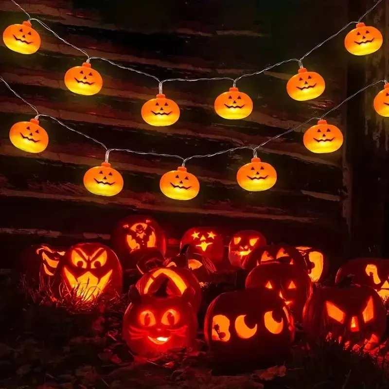 Outdoor Lighting Lanterns - ไฟประดับฮาโลวีนรูปฟักทอง 20LED ใช้แบตเตอรี่ โคมไฟแจ็ค-โอ-แลนเทิร์น สีส้ม สำหรับงานปาร์ตี้ในร่มและกลางแจ้ง