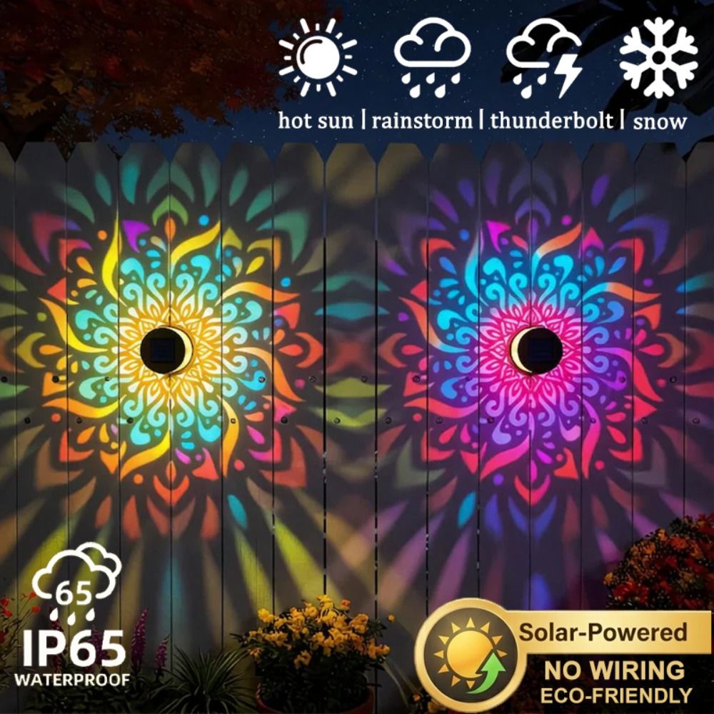 Solar Wall Sconce - โคมไฟติดผนังลายดอกทานตะวัน LED โลหะ ตกแต่งสวน แสงไฟลายฉลุ กันน้ำ